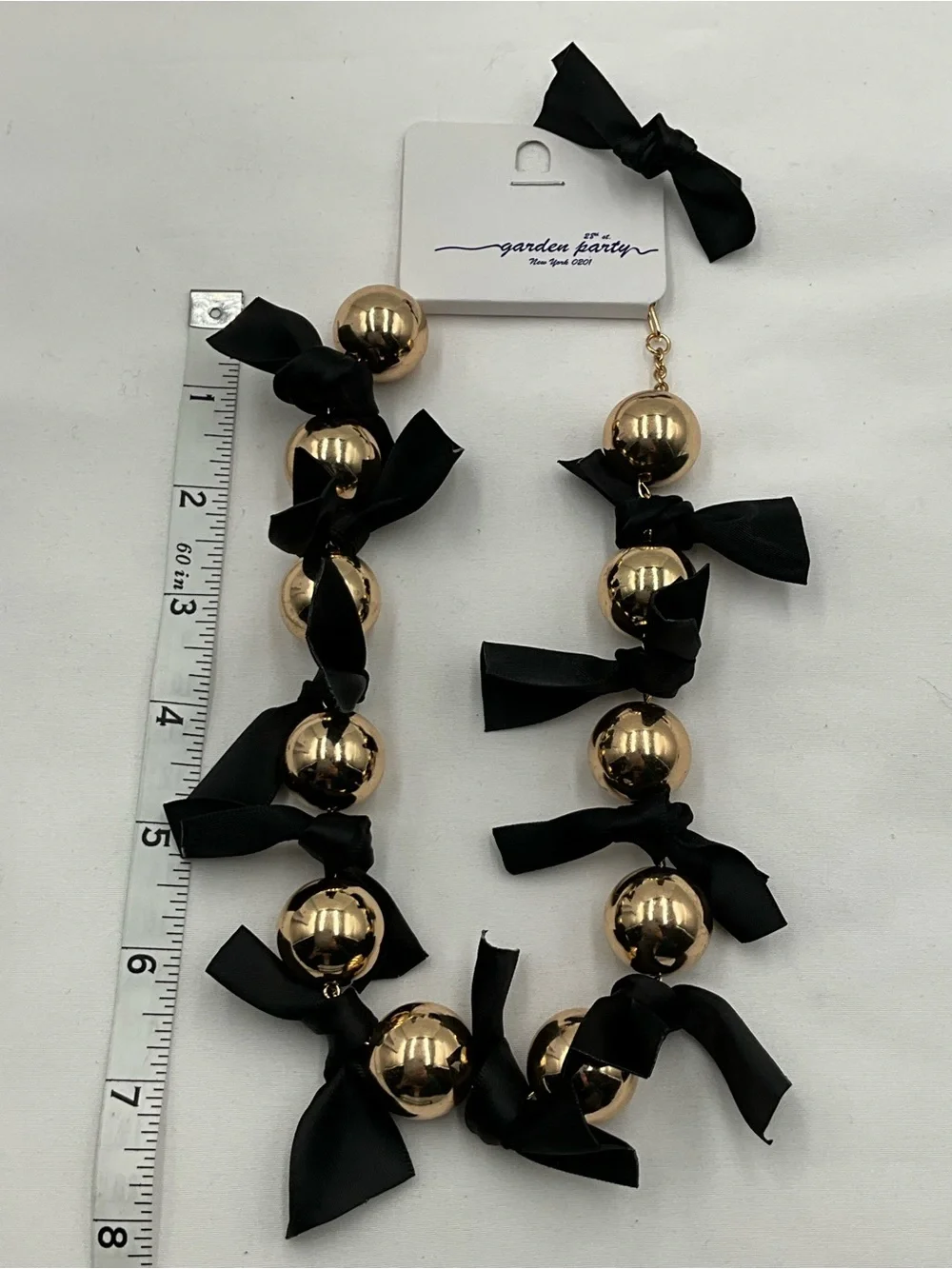 Garden Party Necklace Gold Tone Bead with Black Ribbon Accents NWT